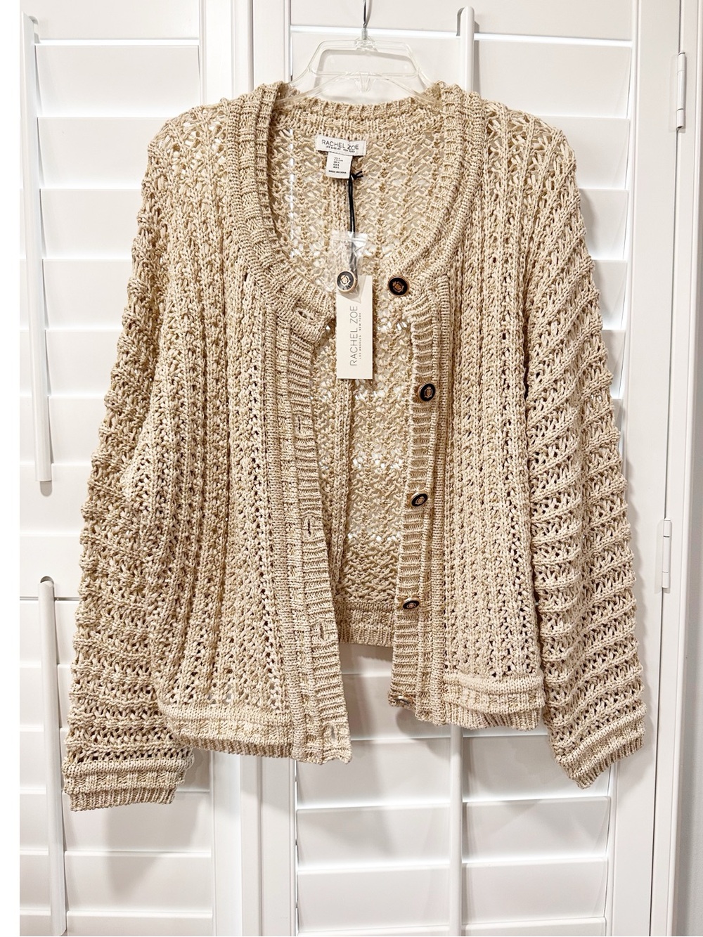 Rachel Zoe Open Knit Metallic Button Cardigan Sweater Beige Gold L NWT Grandpa